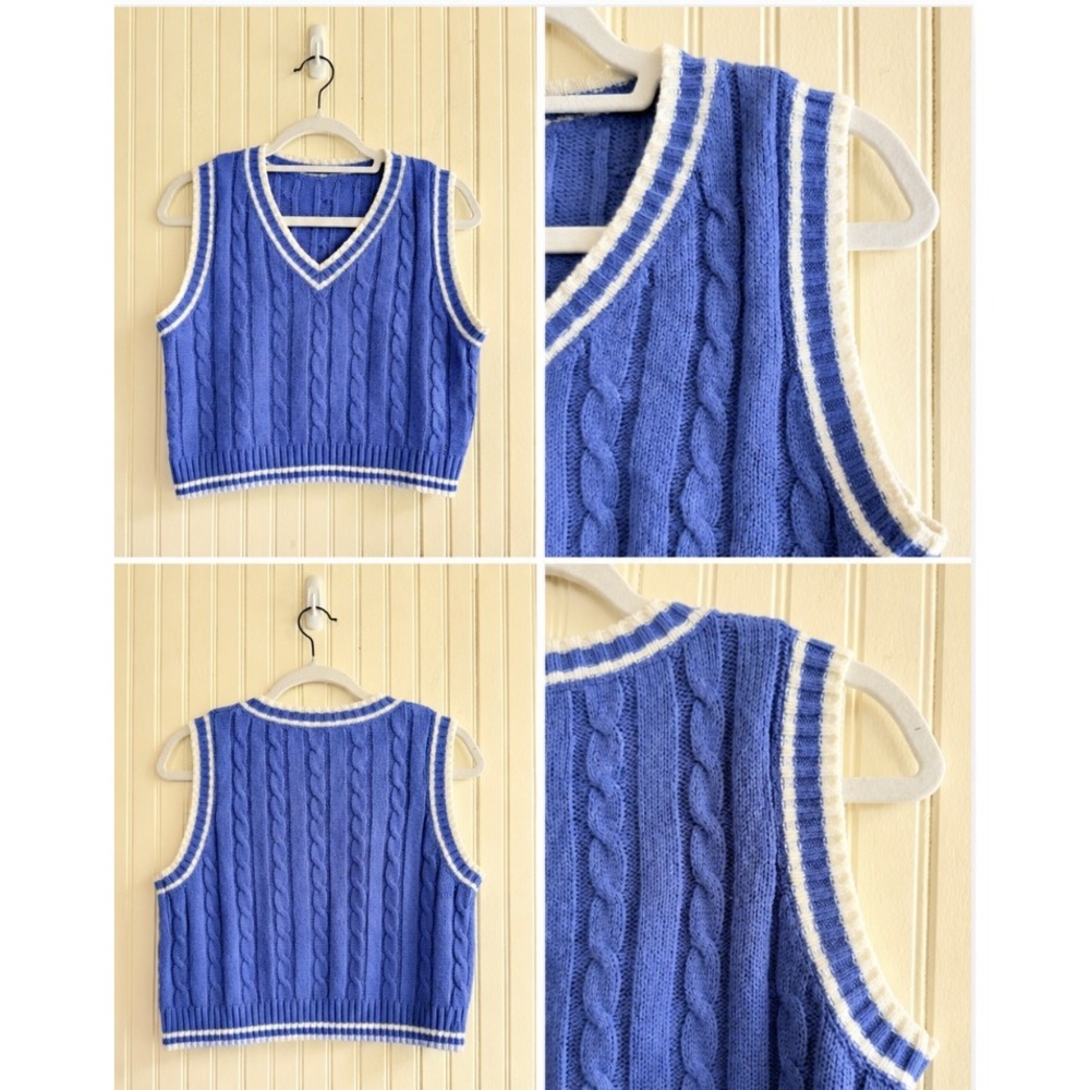 Blue Cable Knit Sweater Vest V-Neck Striped Trim Cropped Preppy Sleeveless Top